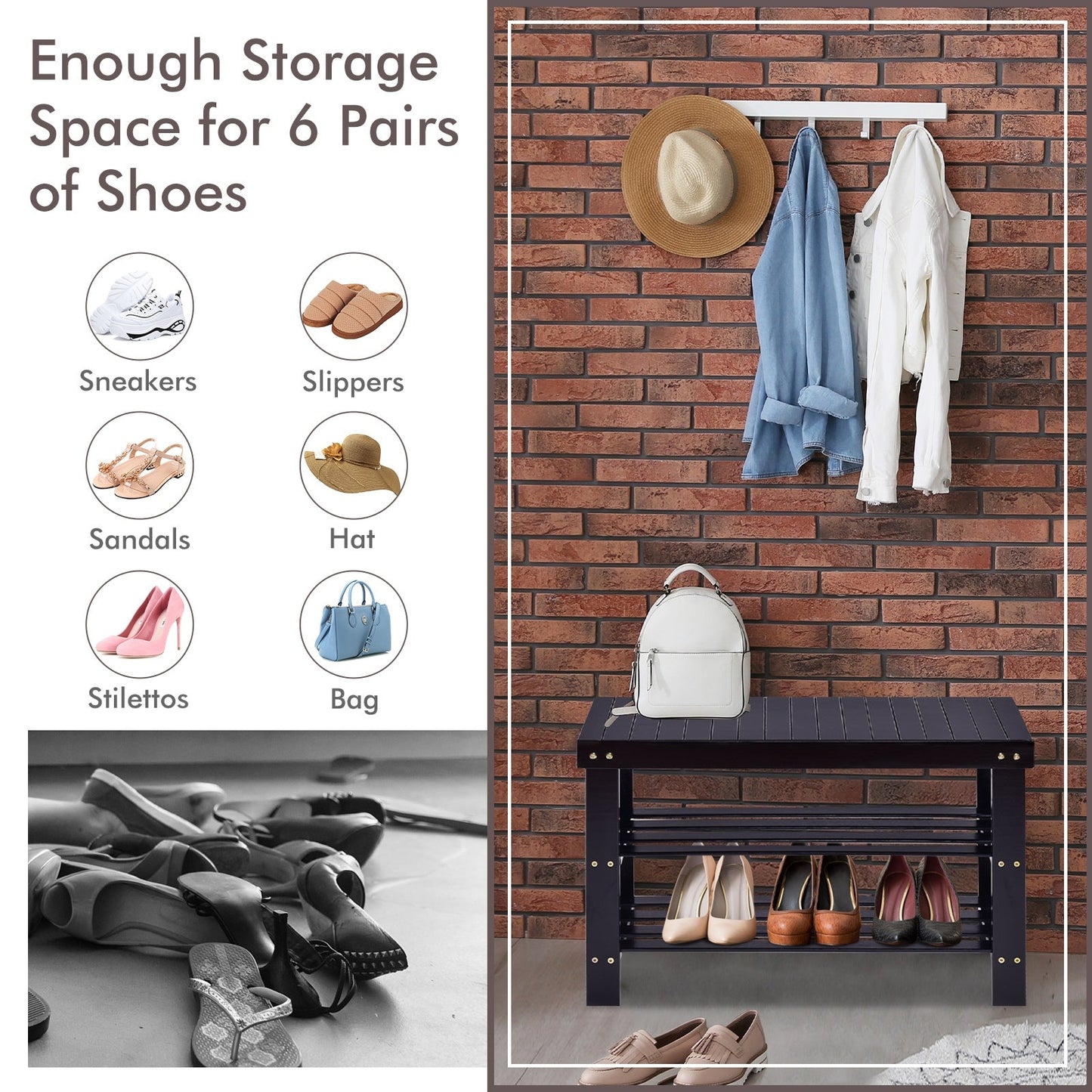 3 Tier Bamboo Bench Storage Shoe Shelf-Natural