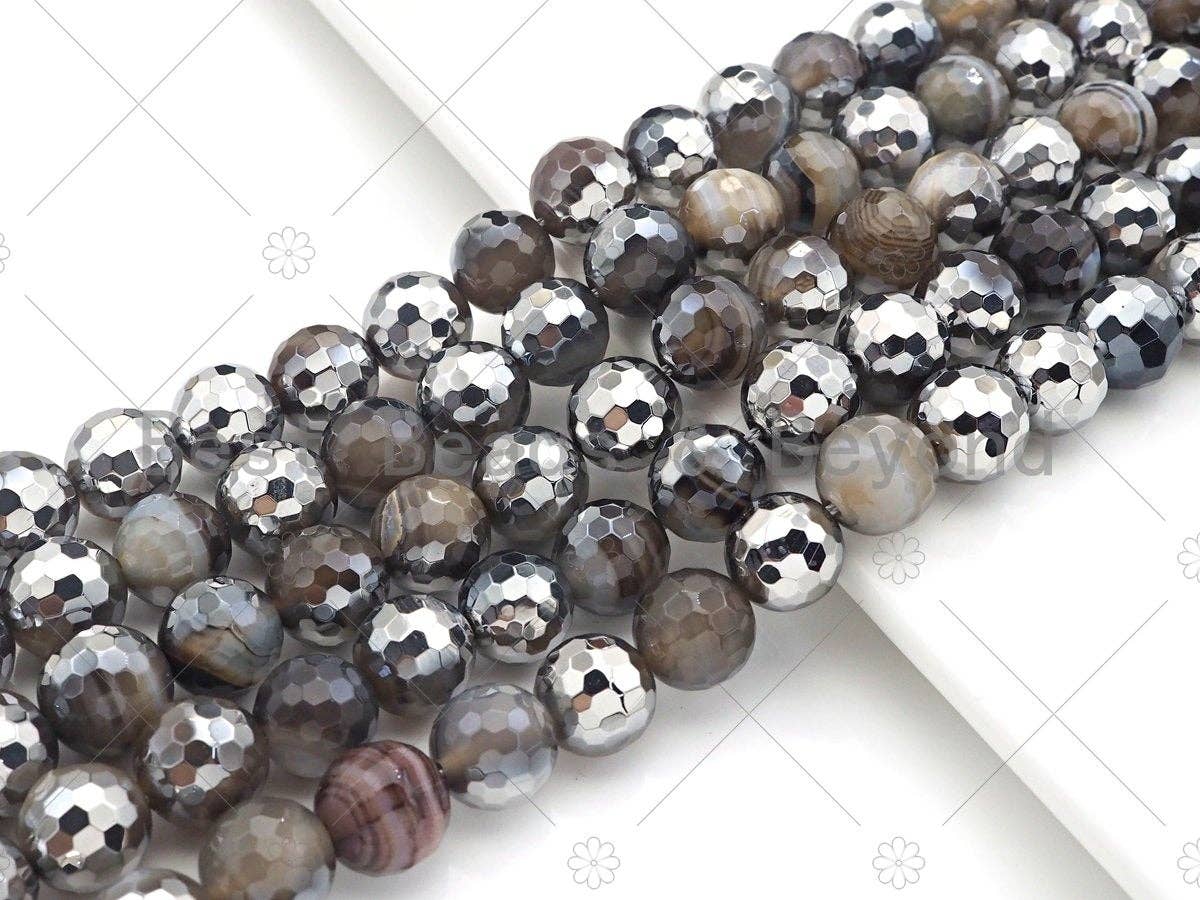 Natural Half Silver Gray Agate Beads, 8mm/10mm/12mm Round Faceted Gray Agate Beads, 15.5 Full Strand, sku# UA122