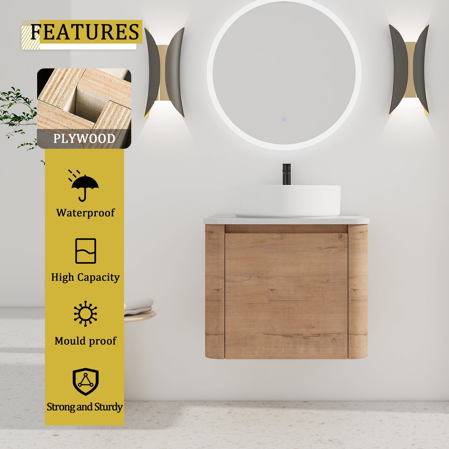 24" Wall-Mounted Bathroom Vanity With Ceramic Art Sink