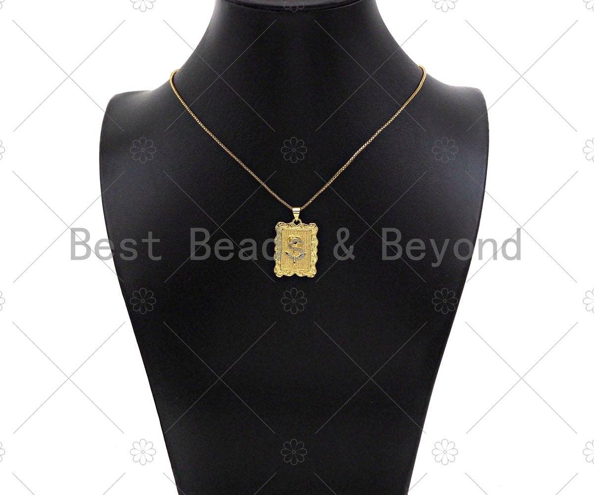 18K Dainty Gold Rose Flower Rectangle Charm, sku#LK231