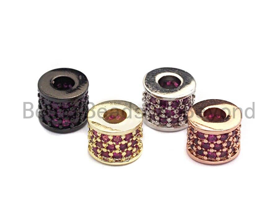 CZ Big Hole Drum Barrel Fuchsia Micro Pave Beads, Gold/Rose Gold/Silver/Black Cubic Zirconia Spacer Beads, DIY Jewelry, 6x7mm, sku#X44