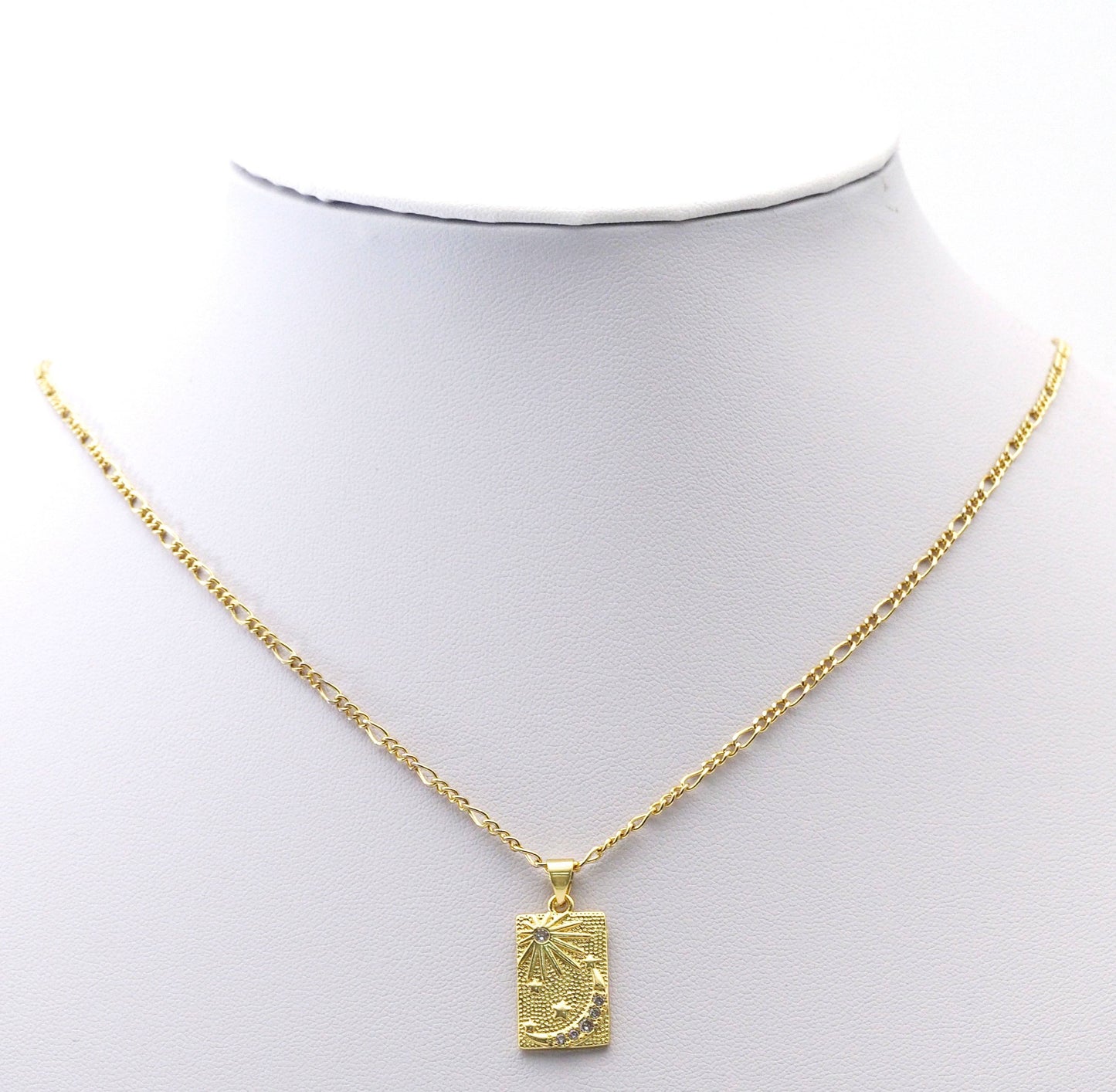 CZ Gold Sun Cresent Moon Star Rectangle Dog Tag Charm, Sku#LK762