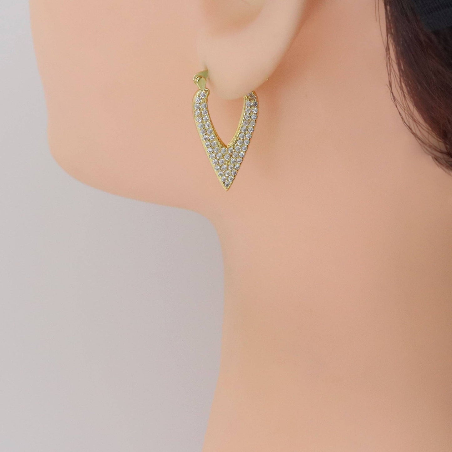 CZ Gold Long V Point heart shape Latch back Earrings, Sku#LX633
