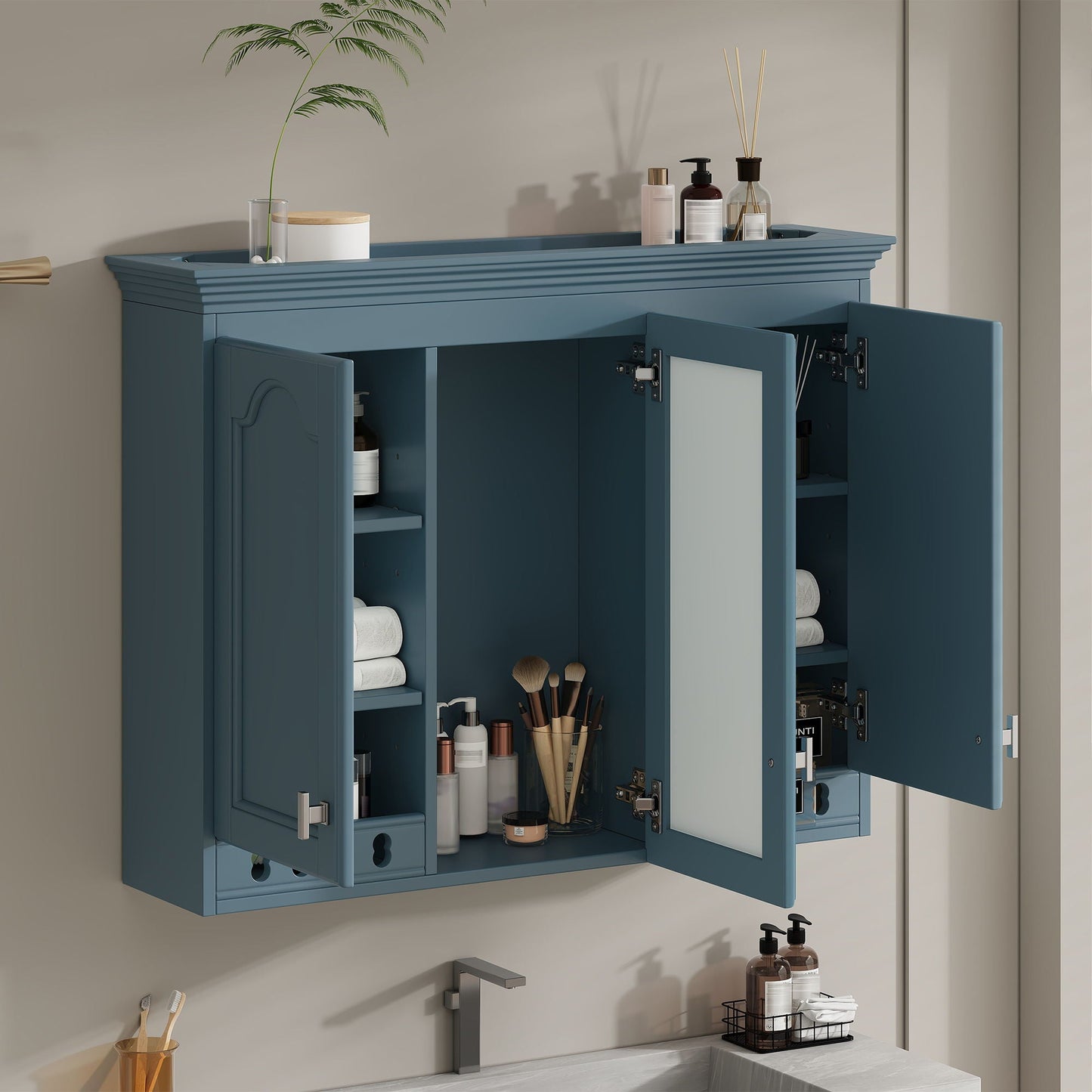 Wall Mount Mirror Cabinet With Adjustable Shelves, Soft Closing Hinges