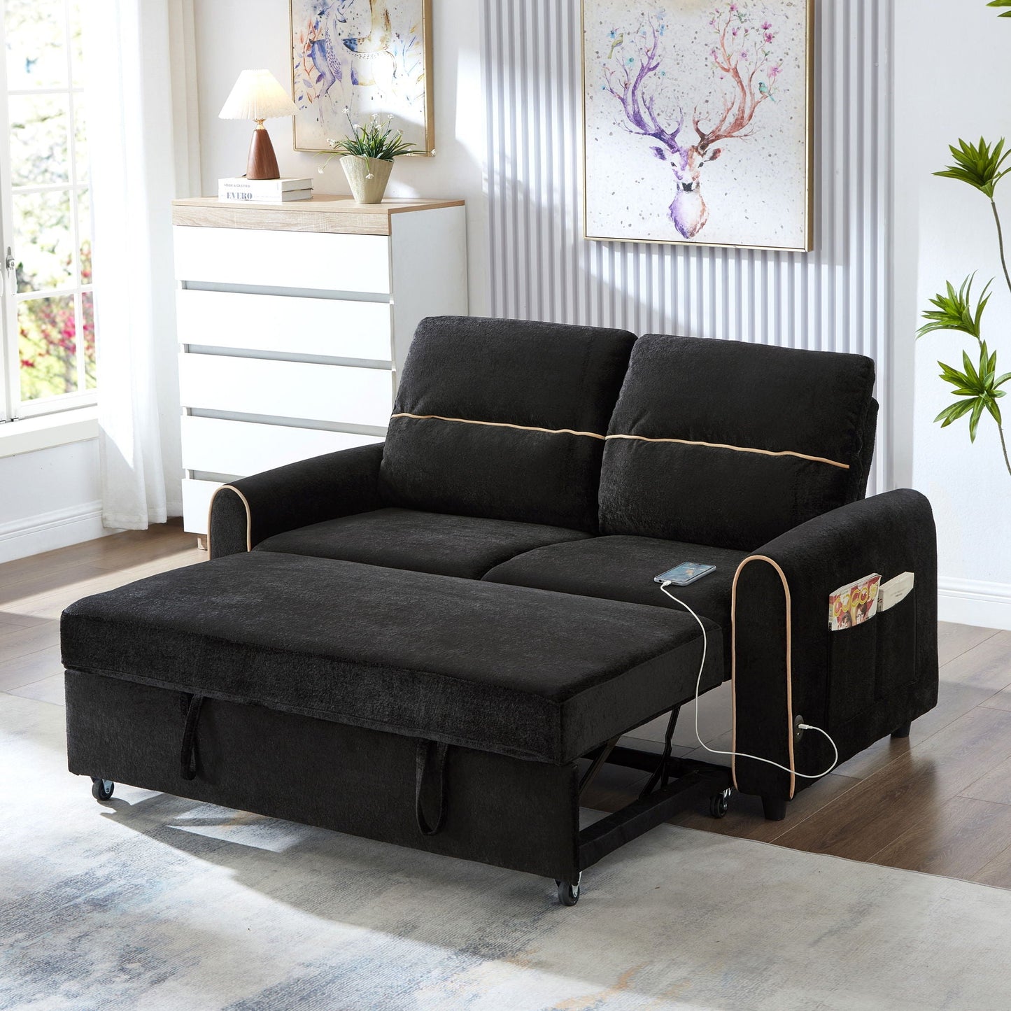 Pull Out Sofa Bed With Adjustable Backrest And USB Charging Ports