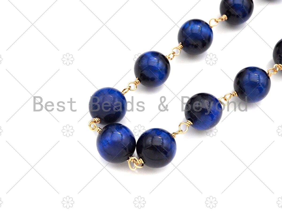 Green/Fuchsia/Navy Blue High Quality Tiger Eye Rosary Chain, 10mm Beaded Chain, Wire Wrapped Gold Chain,Sku#V86