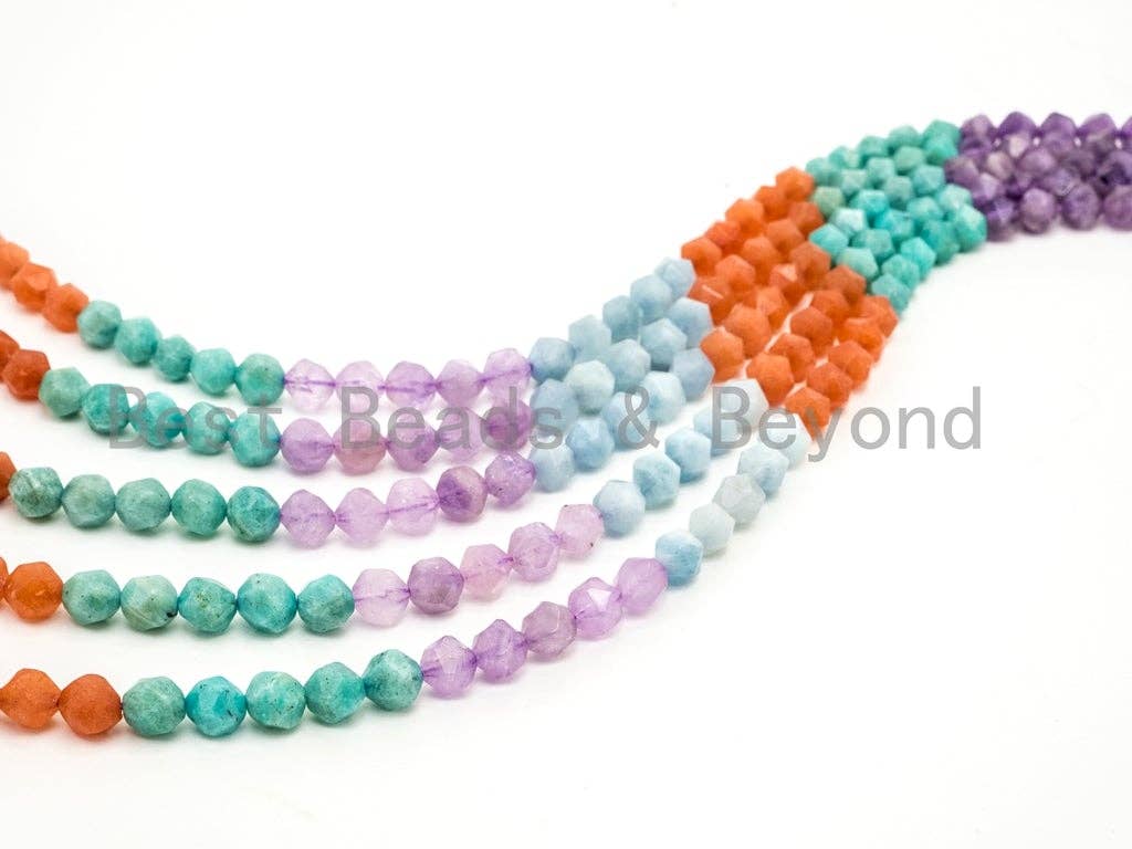 Diamond Cut Mixed Natural Amethyst Aquamarine Jade Amazonite Gemstone Beads, 6mm/8mm/10mm Faceted, Gemstone Beads, 15.5inch strand, SKU#U98