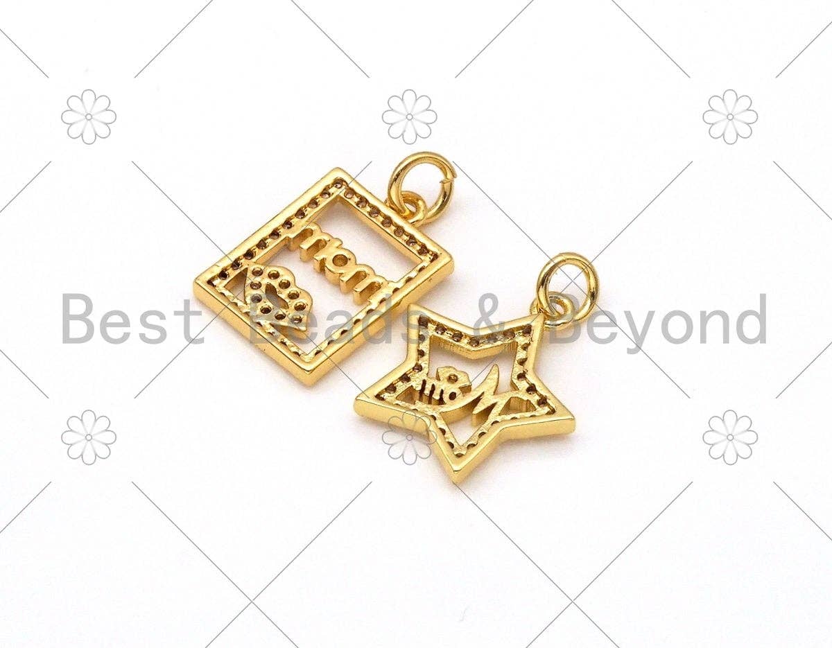 CZ Micro Pave MAMA On Rectangle/Five Star Shape Charm,18K Gold Filled Charm,Mother's Day Necklace Bracelet Charm,12x17mm/14x16mm,Sku#L584