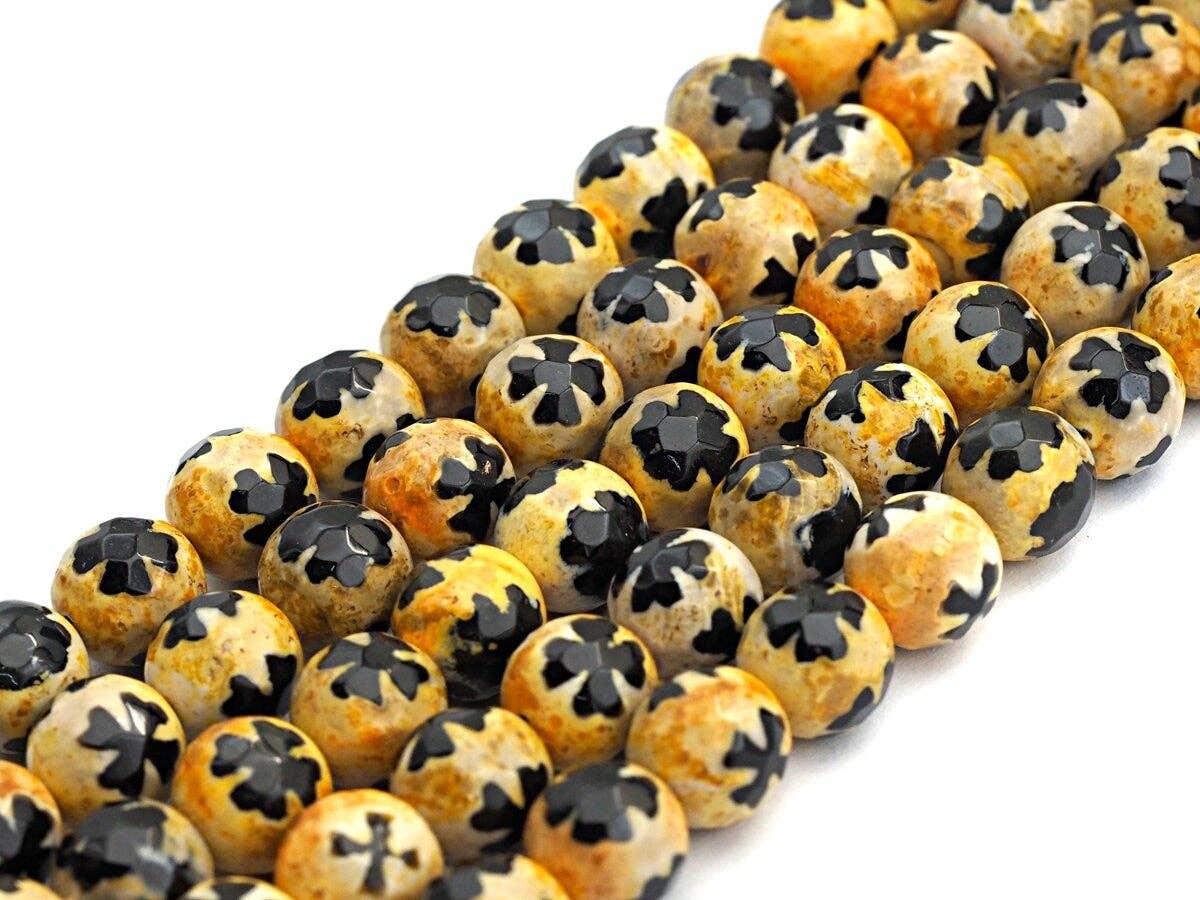 10mm Quality Dzi Black Yellow Aage with Flower Patten Beads, sku#U559c