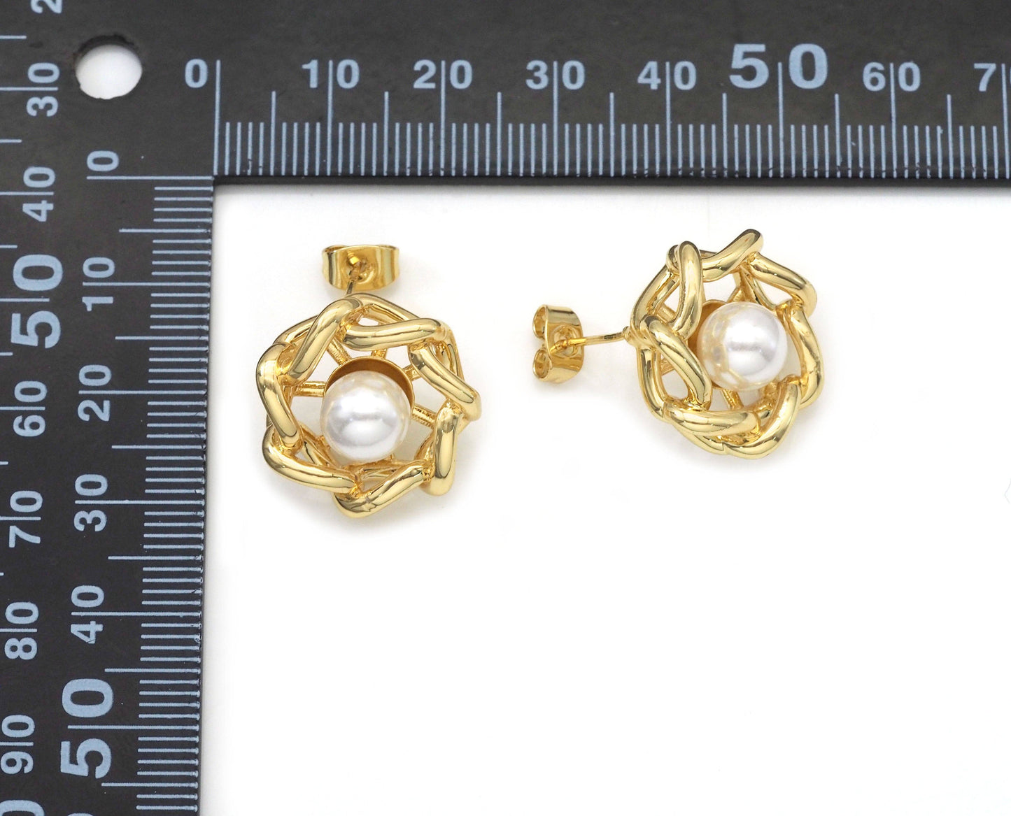 CZ Gold Pearl On Flower Stud Earrings, Sku#J368