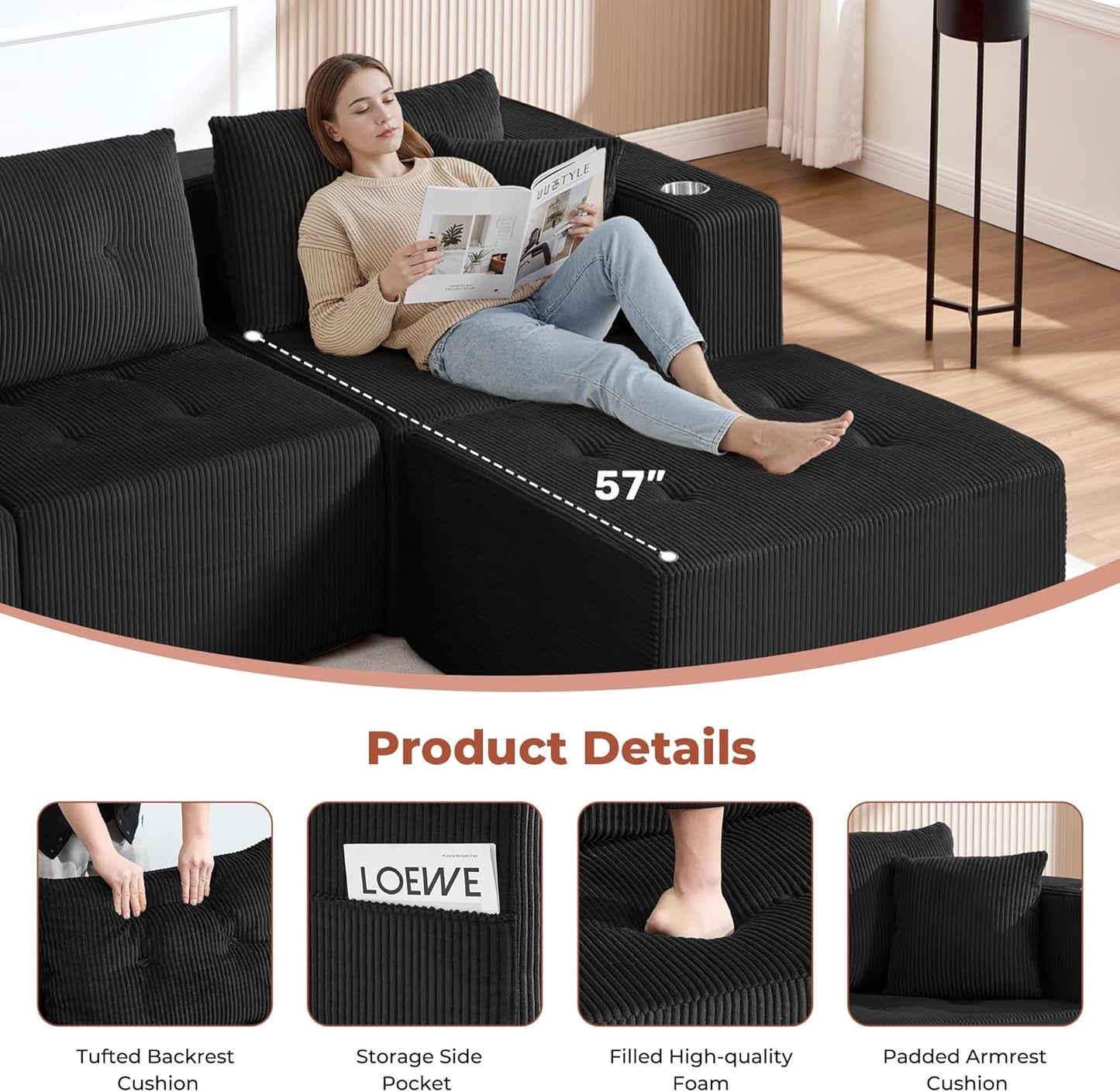 100 Inch U Shaped Oversized Modular Sofa Luxurious Corduroy