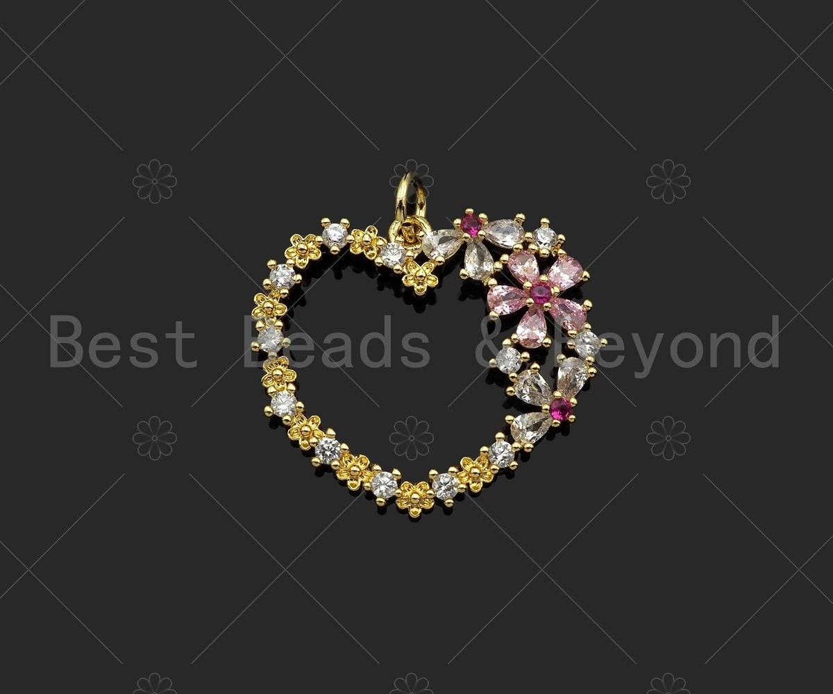 Gold Filled Colorful CZ Micro Pave Flower On Heart Shape Pendant, 18K Gold Filled Heart Charm, Necklace Bracelet Pendant,24x21mm,Sku#LK327