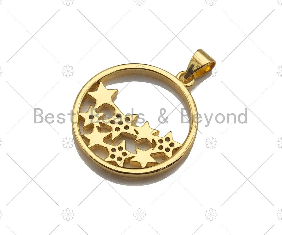 18k Gold Multi Star On Round Ring Charms, Gold Ring Charms, Star Pendant, Gold Pendant, Round Necklace Charms, 22x24mm, Sku#LK145