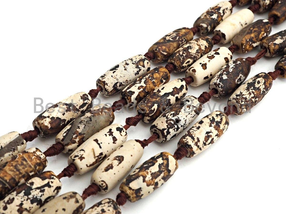 1pc/11pc Natural Tibetan Agate Barrel Spacer Beads, Brown White Dzi Spacer Beads, Tibetan Dzi Beads, 11x25mm, sku#U868