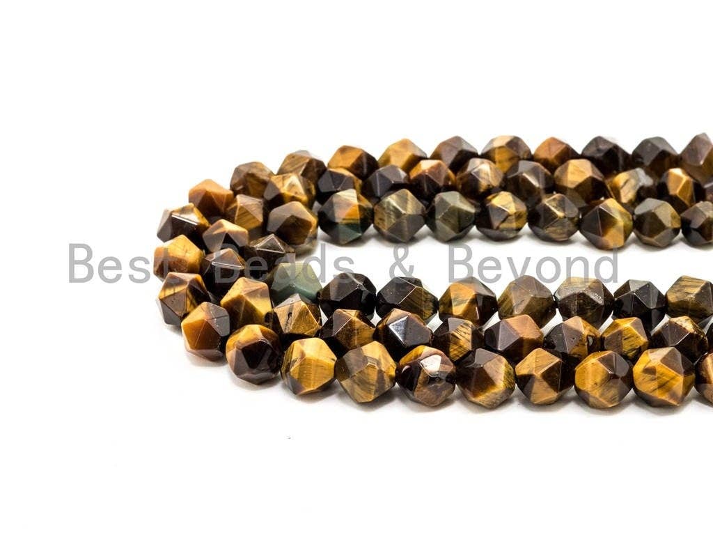 High Quality Natural Brown Tiger Eye Round Faceted Diamond Cut Beads, 6mm/8mm/10mm/12mm beads, 15.5inch strand, SKU#U82
