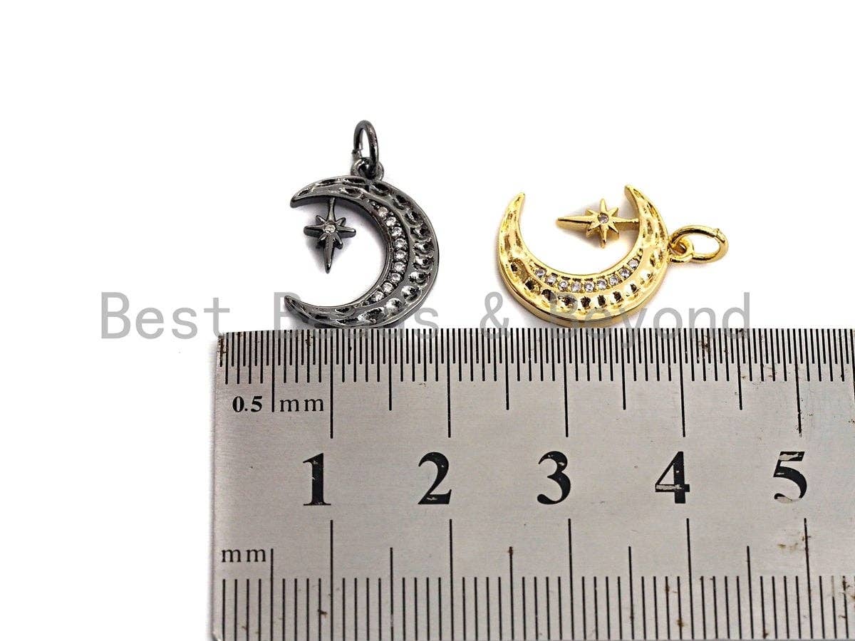 CZ Micro Pave Crescent Moon With North Star Pendant, Cubic Zirconia Pendant, Silver/Gold/Rose Gold/Black Tone,13x17mm, Sku#Z485