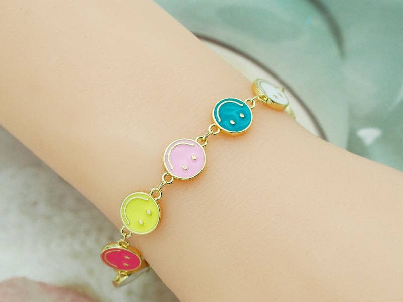 Gold Enamel Smiley Face Adjustable Bracelet, Sku#JL152