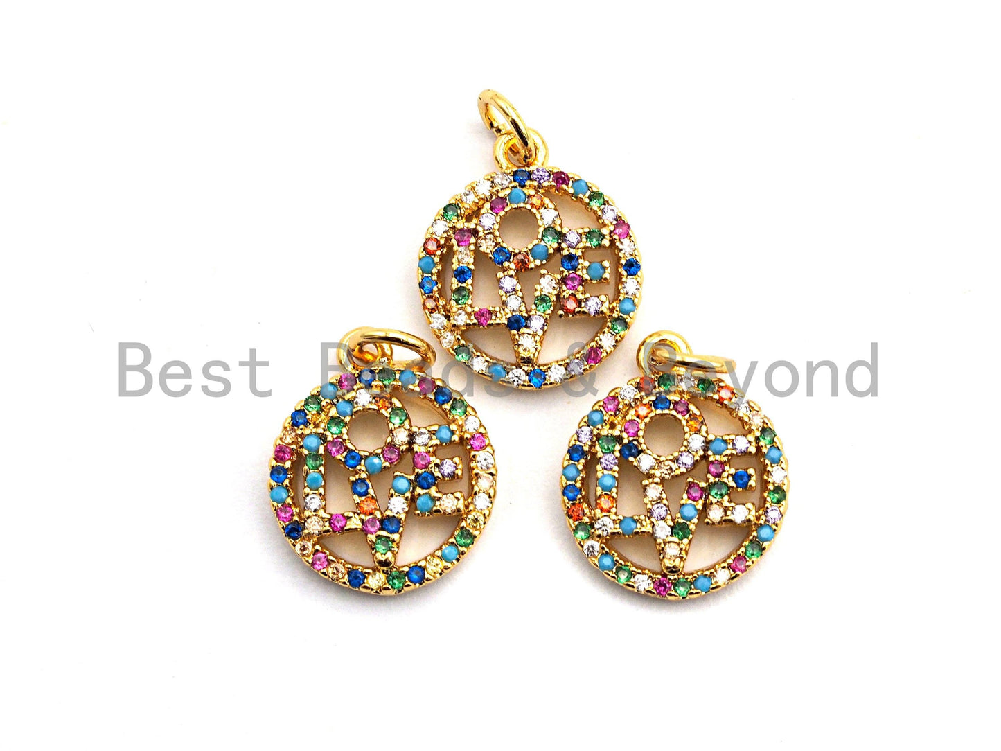 CZ Colorful Micro Pave Round With LOVE Pendant, Round Shaped Pave Pendant, Gold plated, 13x15mm, Sku#F840