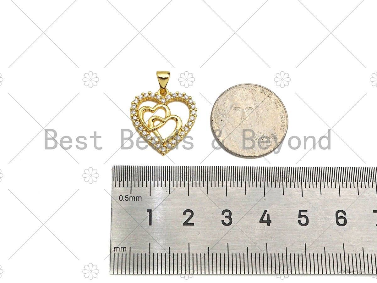 CZ Micro Pave Double Heart On Heart Shape Pendant,18K Dainty Gold Charm, Necklace Bracelet Charm Pendant,18x19mm,Sku#JL37