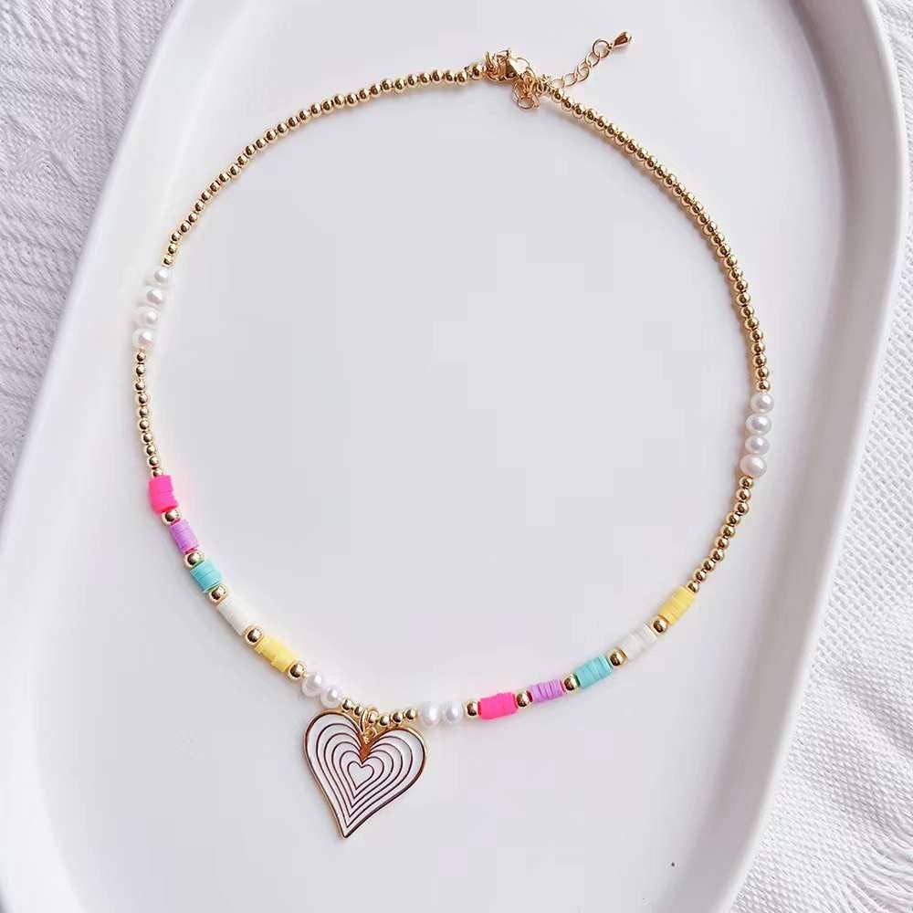 Gold Colorful Pearl Beads Heart Pendant Necklace, Sku#O119