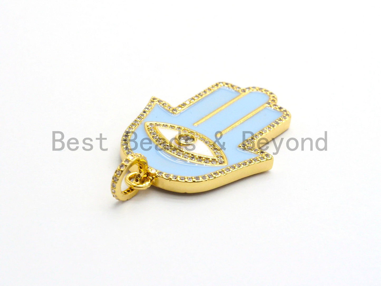Enamel Oil Drop Hamas Hand Pendant,Cubic Zirconia Hamas Hand Pave Pendant, Blue Pave Pendant, 29x43mm, SKU#F599C