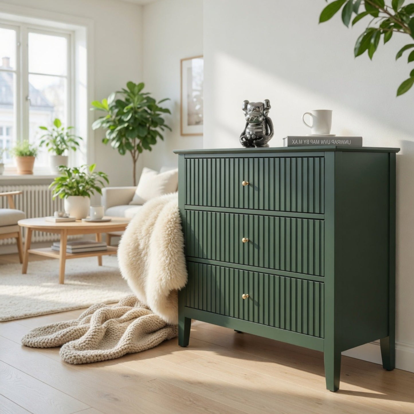 32" Wide Green Fluted 3-Drawer Nightstand