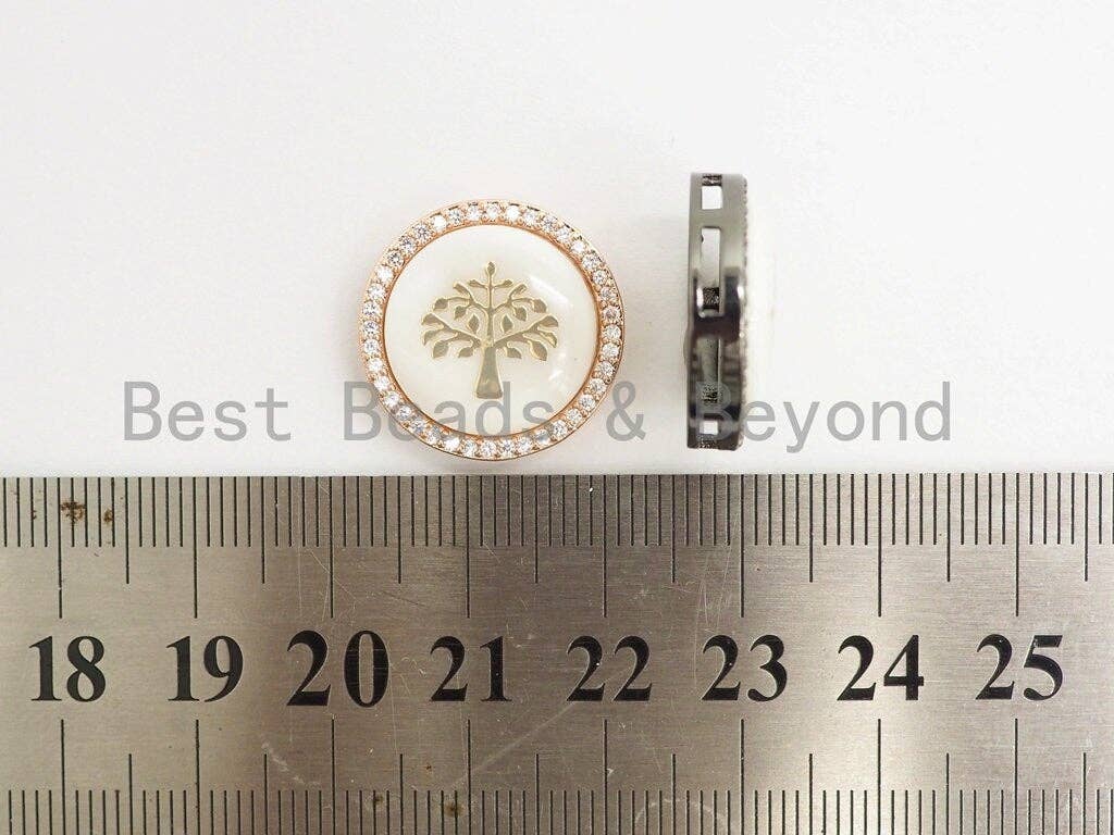 CZ Micro Pave Gilding Life of Tree plated on Mother of Pearl Disc Beads, Pave Pendant Connector Beads for Bracelet/Necklace, 19mm,sku#Z247