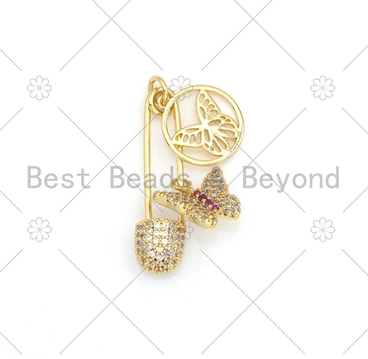 Colorful CZ Micro Pave Butterfly On Safety Pin Shape Pendant/Charm, 18K Gold Filled Charm, Necklace Bracelet Charm Pendant,8x30mm,Sku#F1409