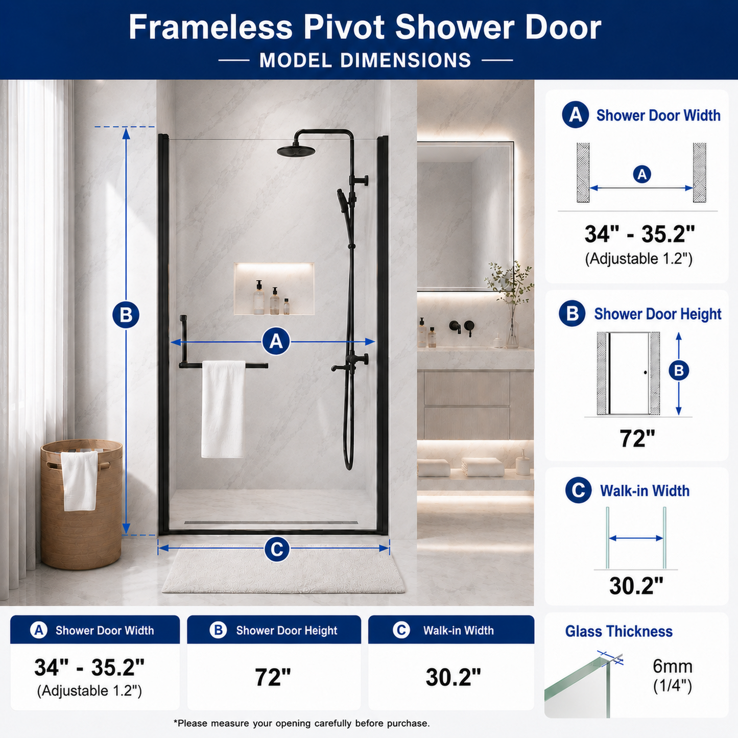 34" -35.2''x 72" Semi-Frameless Pivot Shower Door