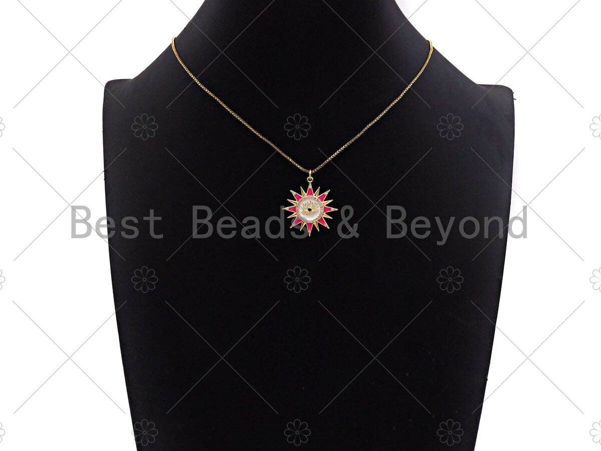 Colorful Enamel Pave Evil Eye On Sunflower Shape Pendant, Gold Enamel Flower Pendant, CZ Micro Pave Enamel Jewelry Findings,25x27mm,Sku#L443