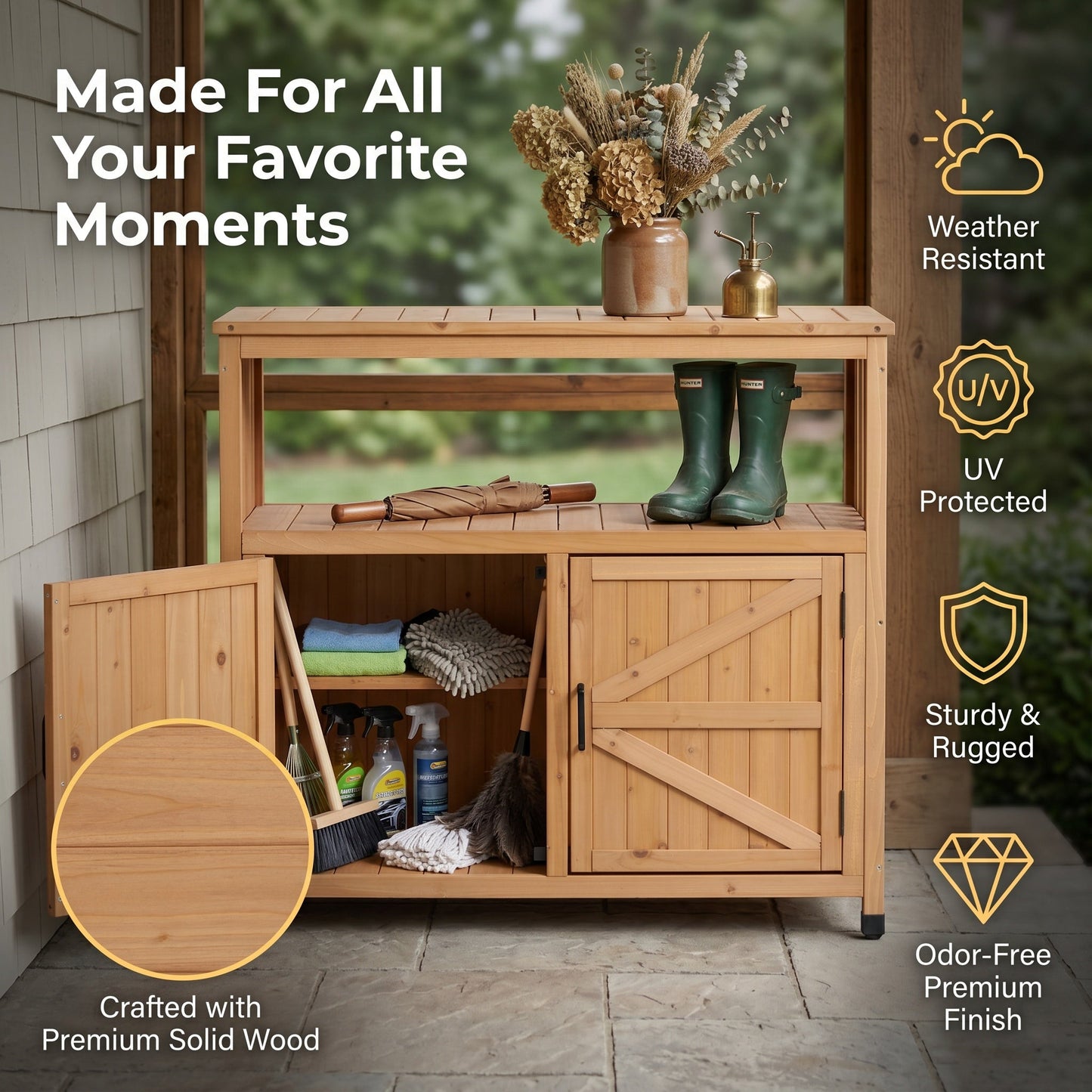 Wooden Patio Bar Table Set with Storage Buffet Cabinet