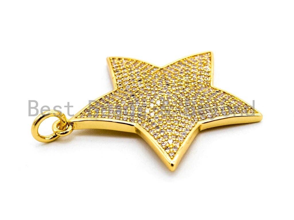 CZ Clear/Black Micro Pave Five Point Star Pendant, Star Shaped Pave Pendant, Gold/Rose Gold/Silver/Gunmetal plated, 32x33mm, Sku#F401