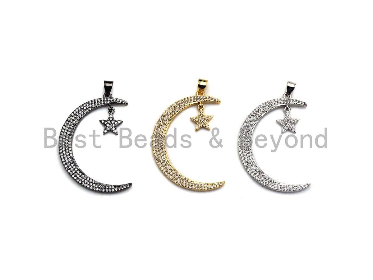 CZ Micro Pave Crescent Moon and Star Pendant ,Gold/Silver/Bl