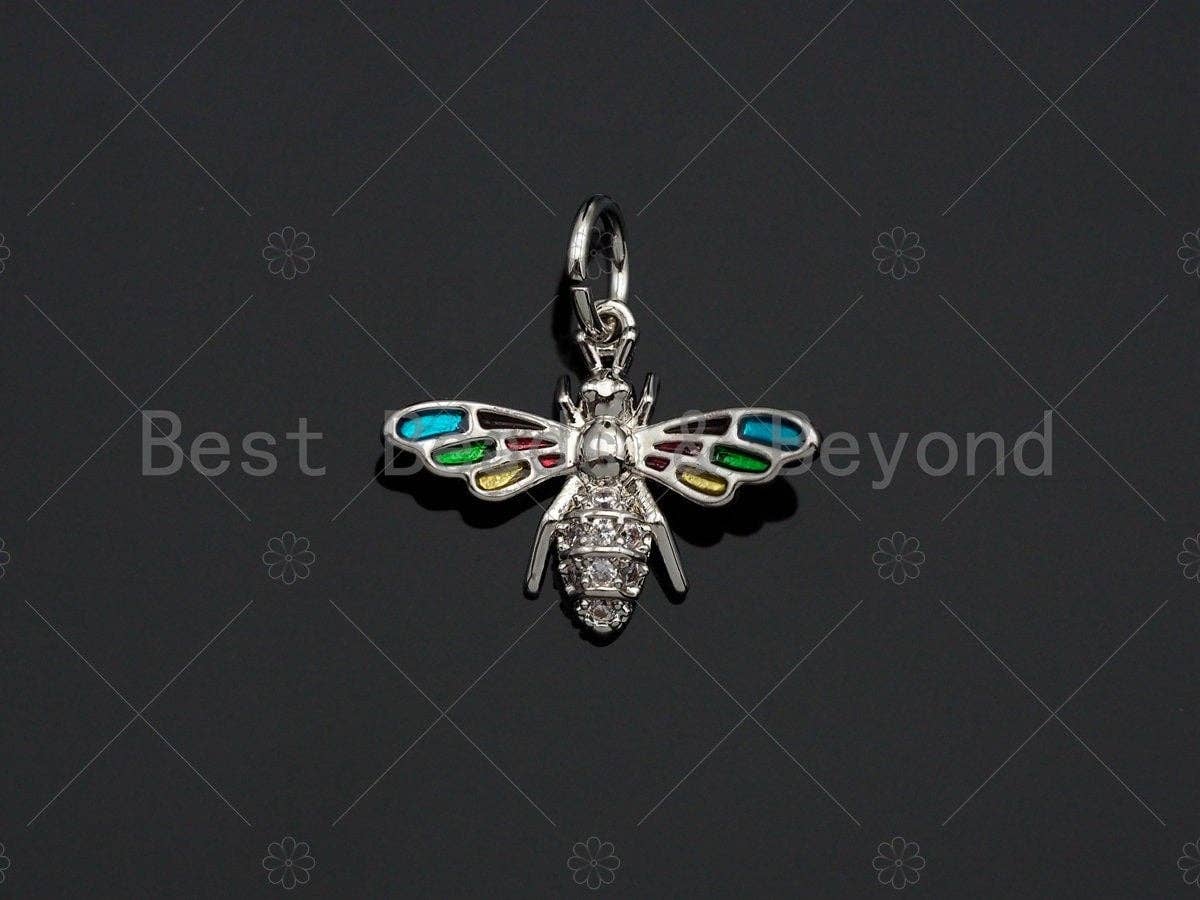 Bee Shape Pendant,Colorful Enamel Cubic Zirconia Bee Charm,Gold/Silver/Rose Gold Tone,15x12mm,Sku#Y341