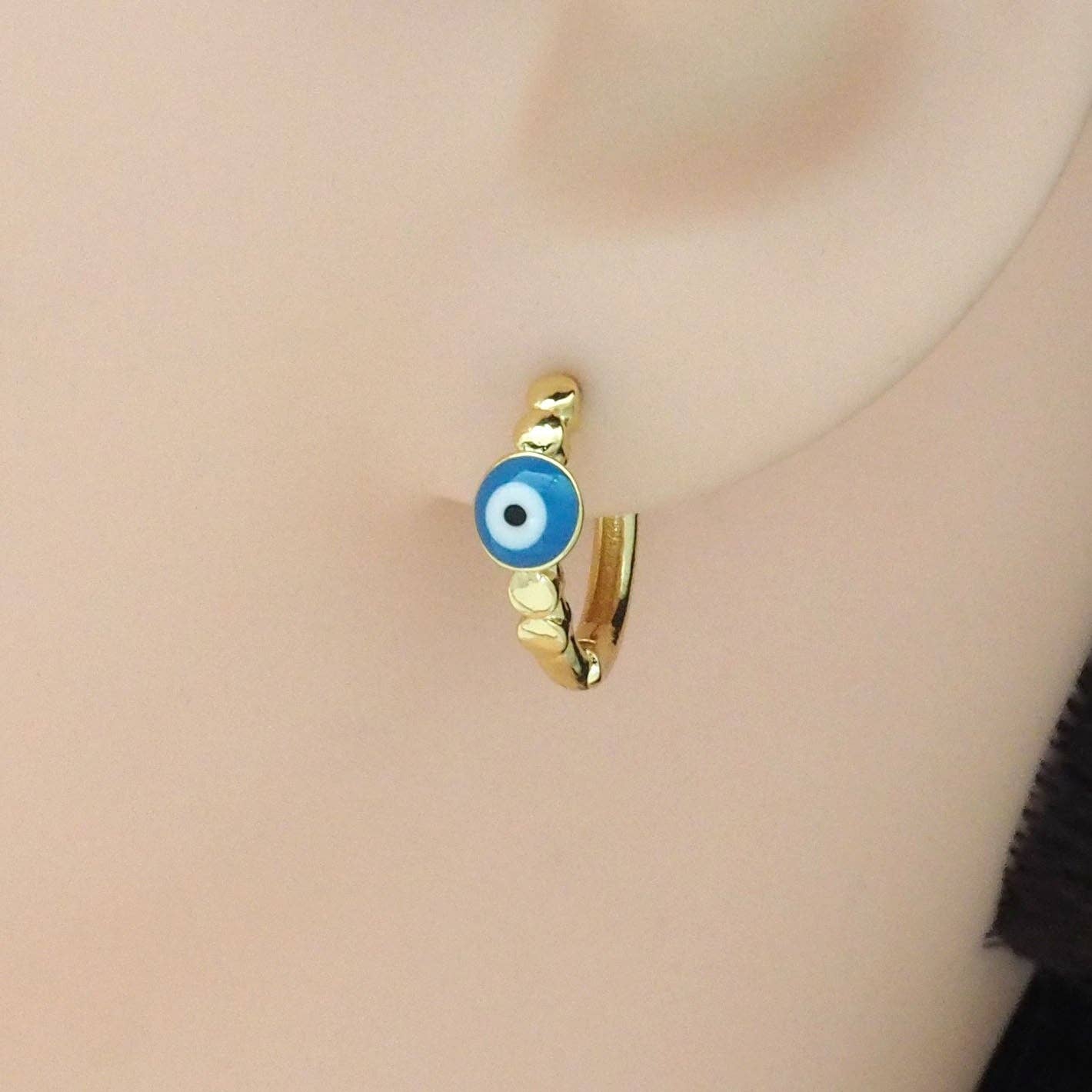 Gold Blue Evil Eye Hoop Earrings, Sku#LK861