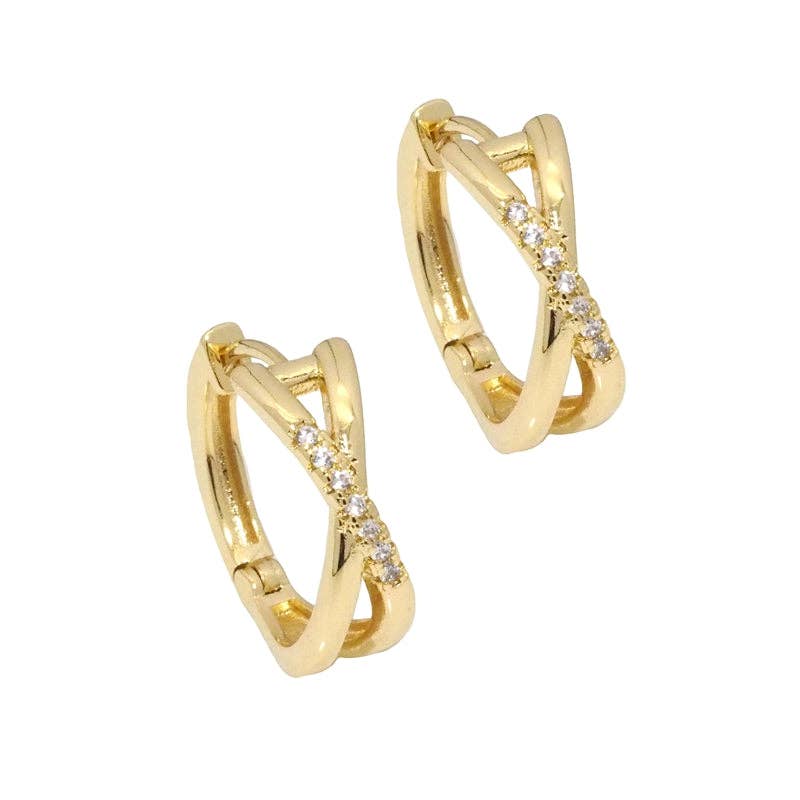 Gold Clear CZ Criss Cross Hoop Earrings, Sku#LK782