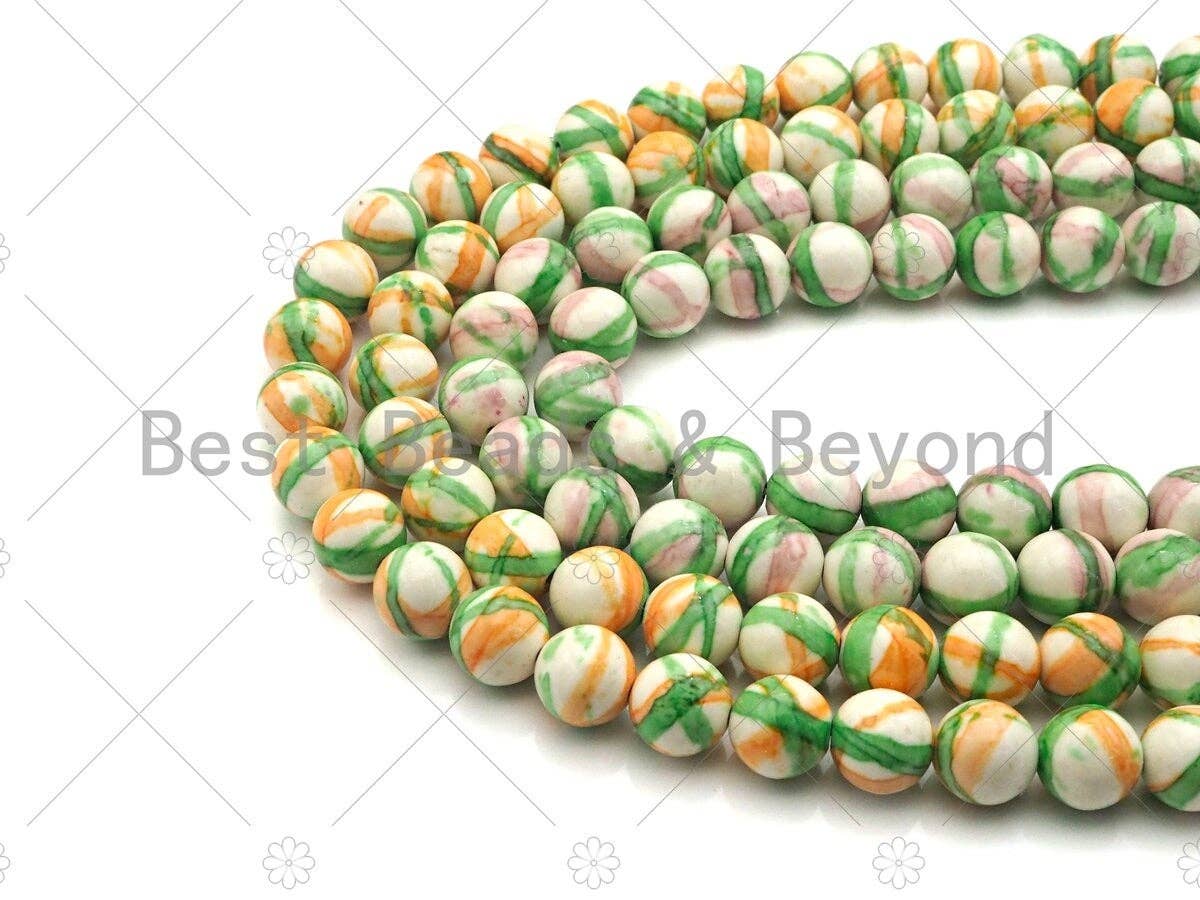 Yellow Green Pink Mottled Jade Beads, Round Smooth 8mm/10mm/12mm, Dyed Jade Gemstone Beads, 15.5" Full Strand, sku#UA105