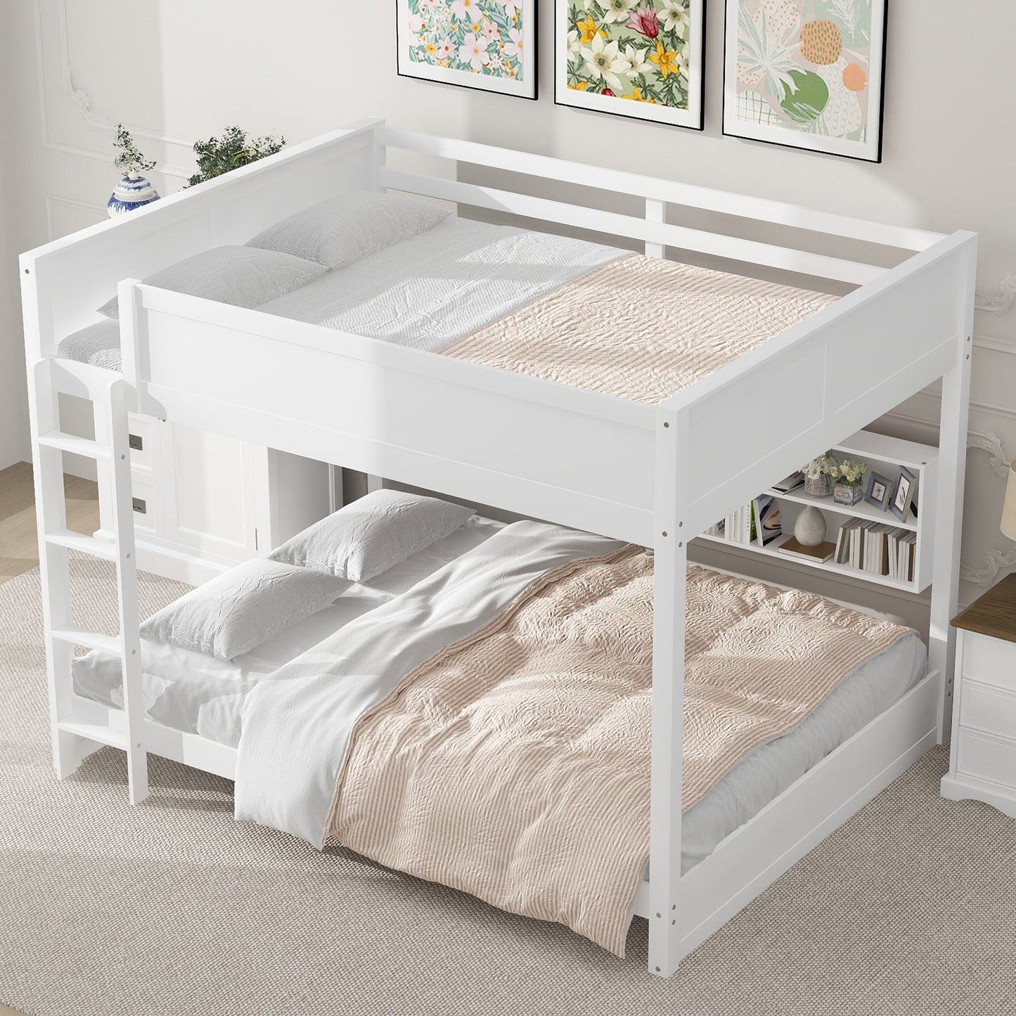 Queen Over Queen Bunk Bed with Storage Cabinets and USB Ports