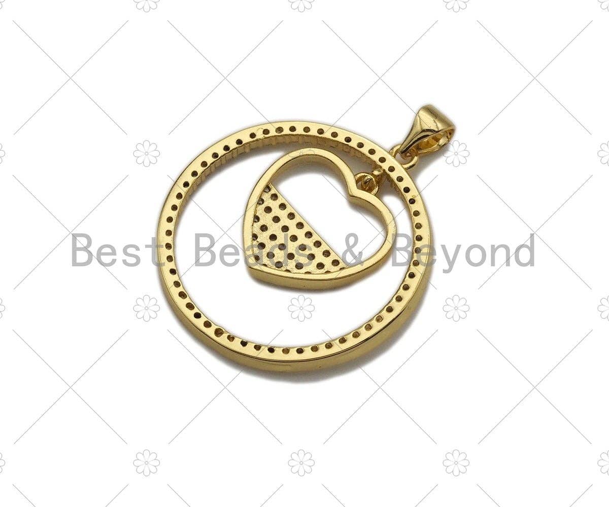 18k Shiny Gold Dangle Heart Dangle Star On Round Ring Charms, Gold Plated Charms, Heart Pendant, Gold Pendant, 27x29mm,Sku#LK141