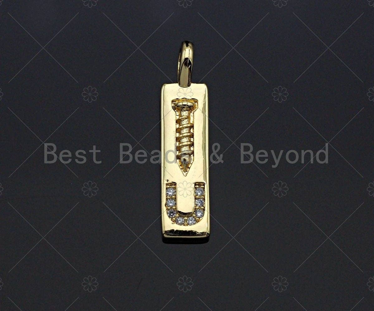 CZ Micro Pave Screw you Rectangle Pendant/Charm, Rectangle  Cubic Zirconia Pendant, Silver/Gold Tone,6x24mm,Sku#L319