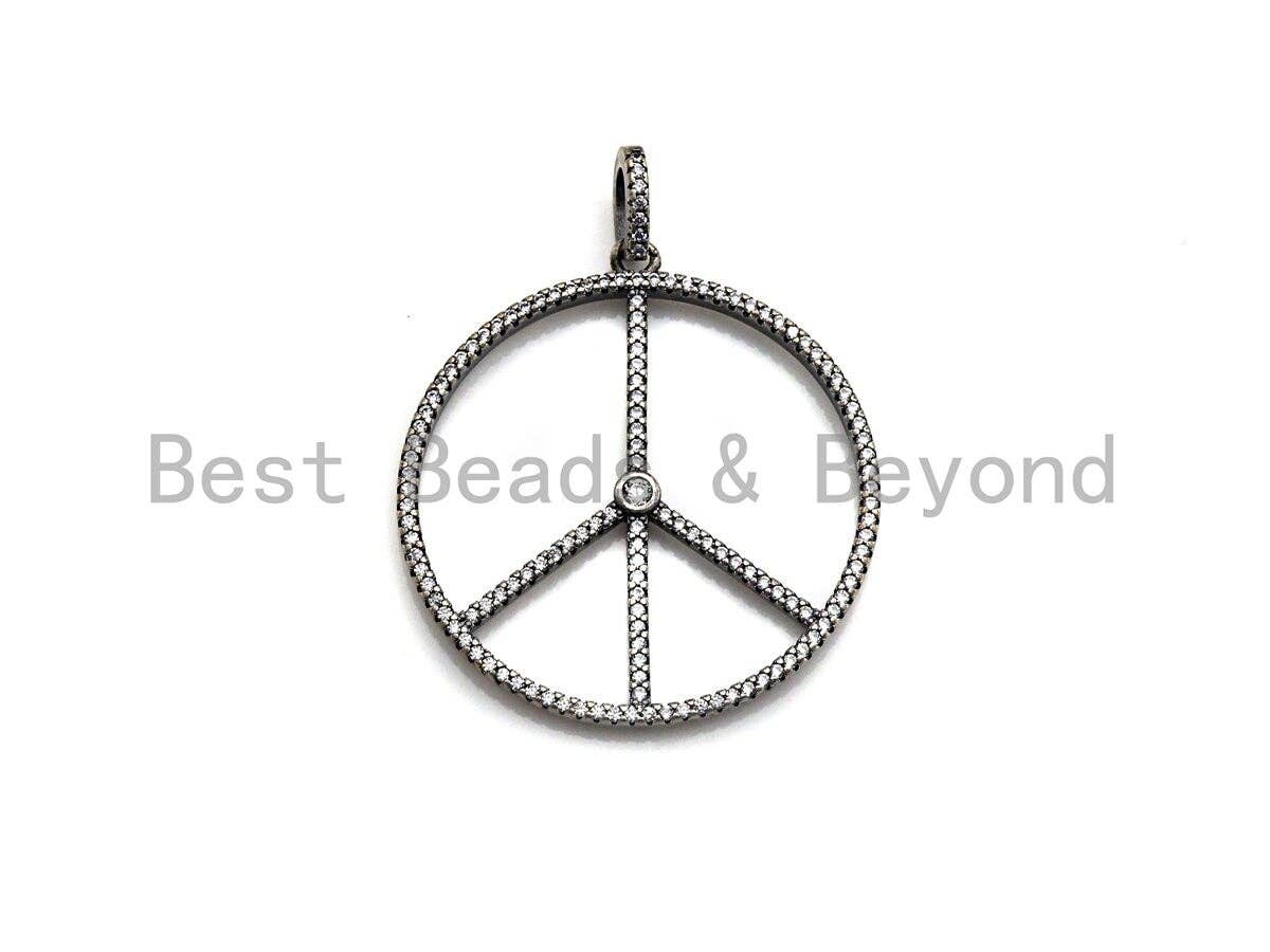 CZ Micro Pave Peace Sign Shape Pendant, Antique Silver Tone, Cubic Zirconia Pave Pendant, 36x39mm,sku#X130