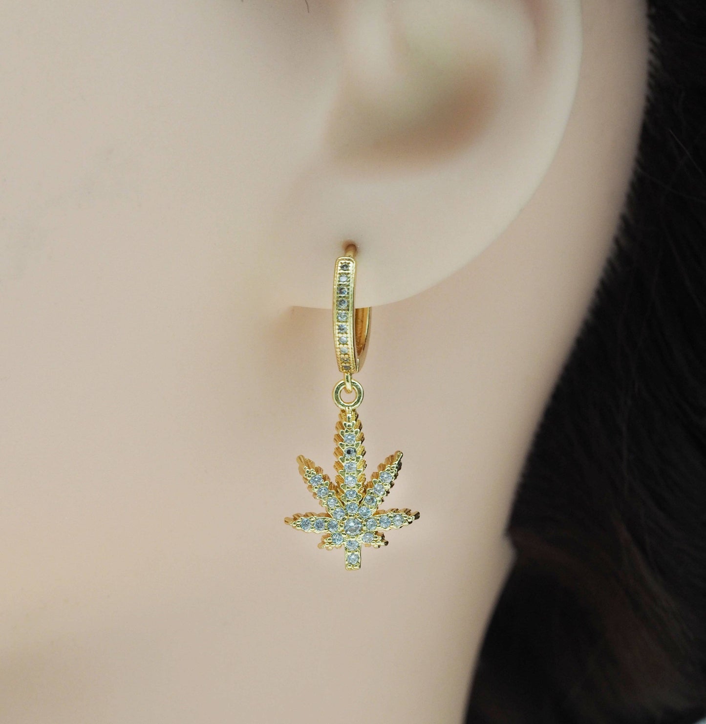 CZ Gold Leaf Hoop Earrings, Sku#EF252