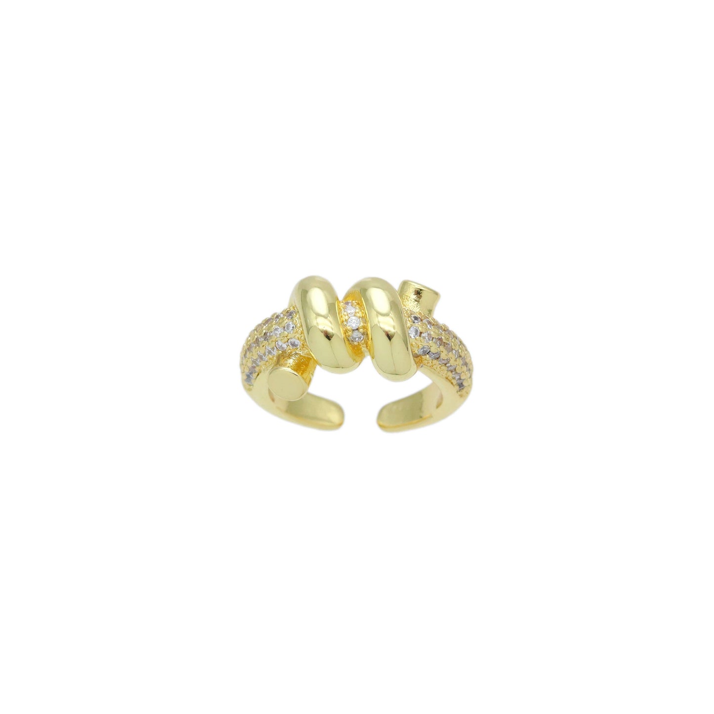 Clear CZ Twisted Rope Statement Gold Adjustable Ring, Sku#LD619