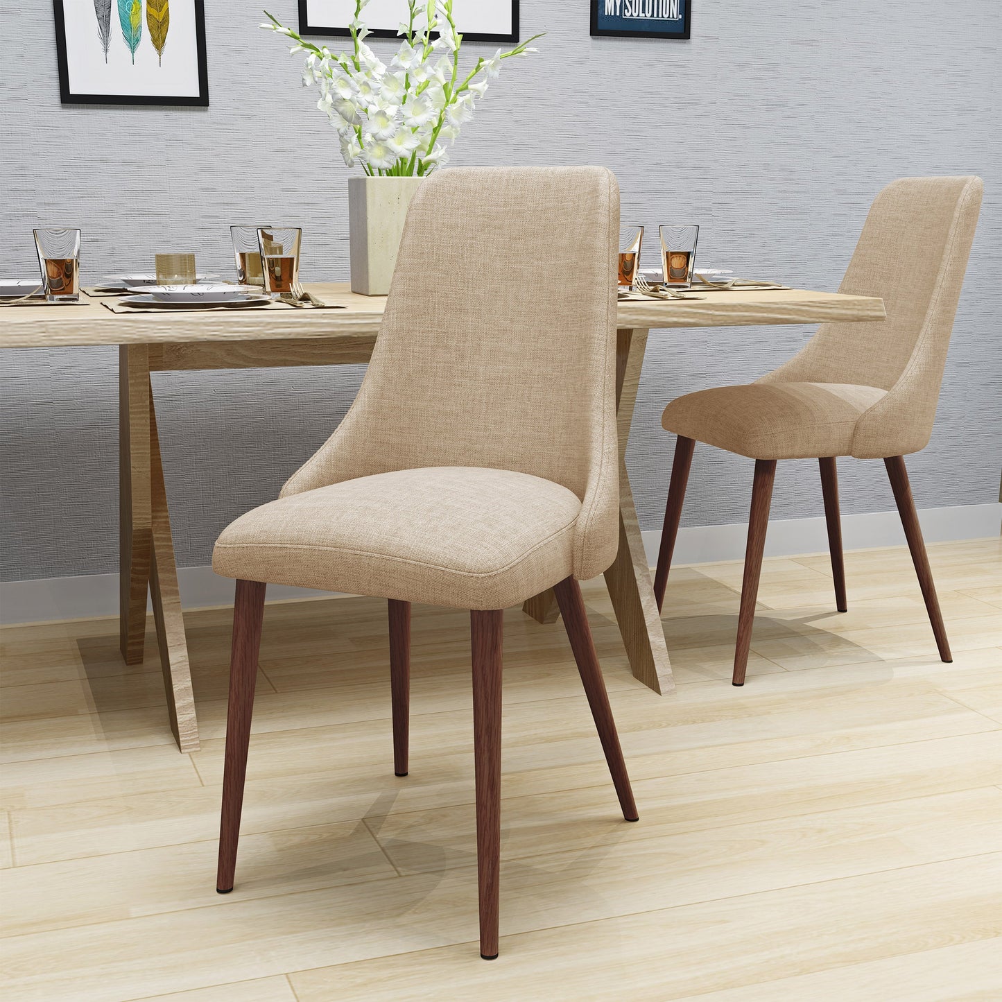 Mid Century Modern Fabric Armless Dining Chairs, Set of 2, Wheat and Dark