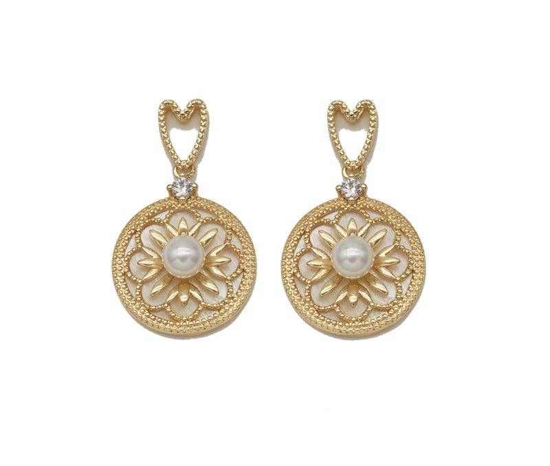 Gold CZ Flower with Pearl On Round Coin Charm, Sku#ZX96