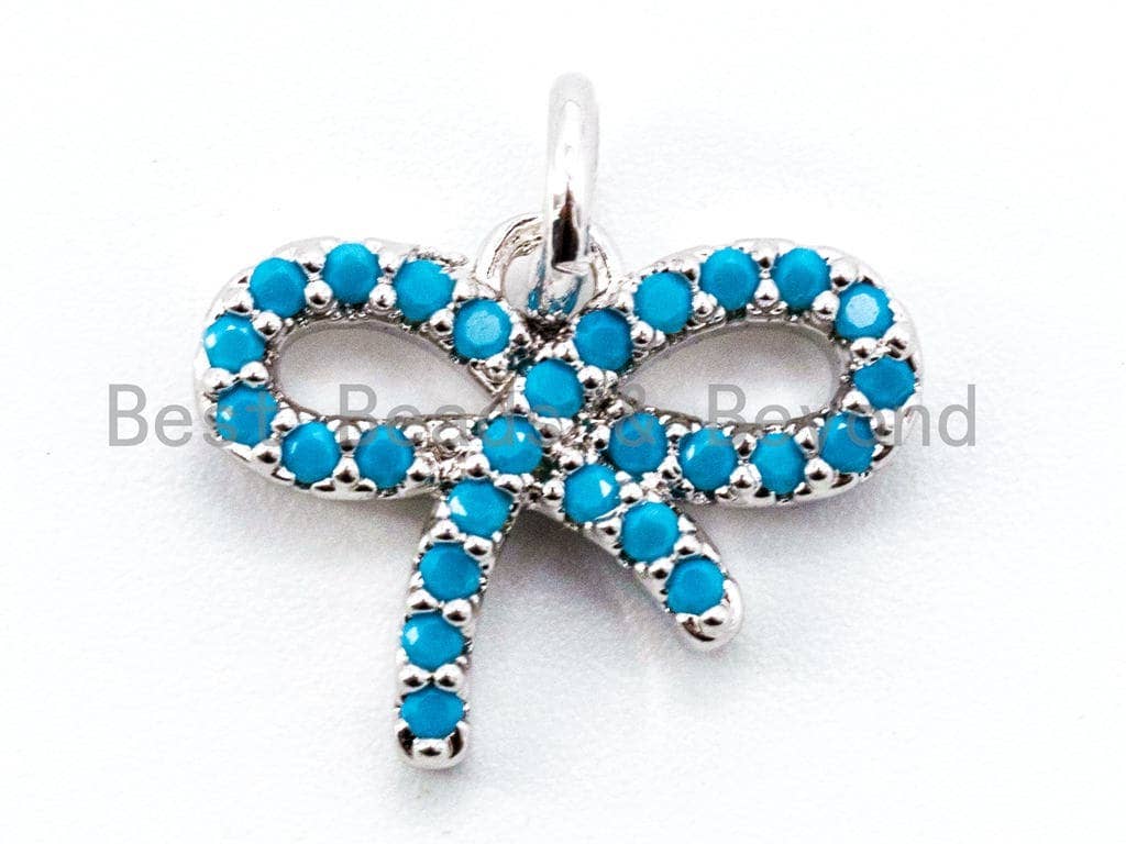 CZ Micro Pave Turquoise Bowknot Pendant/Charm, Blue CZ Charm in Gold/Silver/Black Finish for Necklace Bracelet, 11x14mm, sku#F337