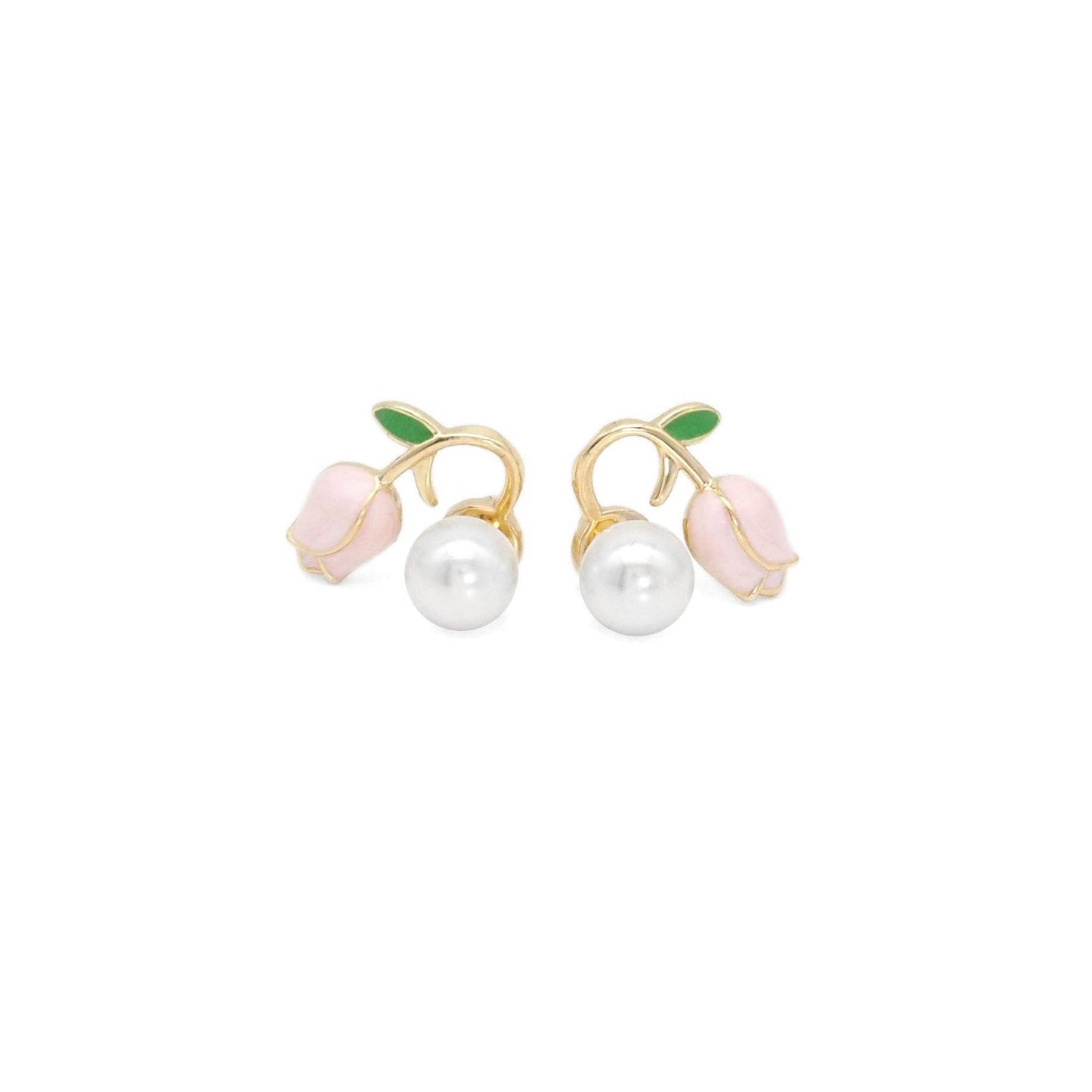 Gold White Pearl PinkTulip Earrings, Sku#ZX139