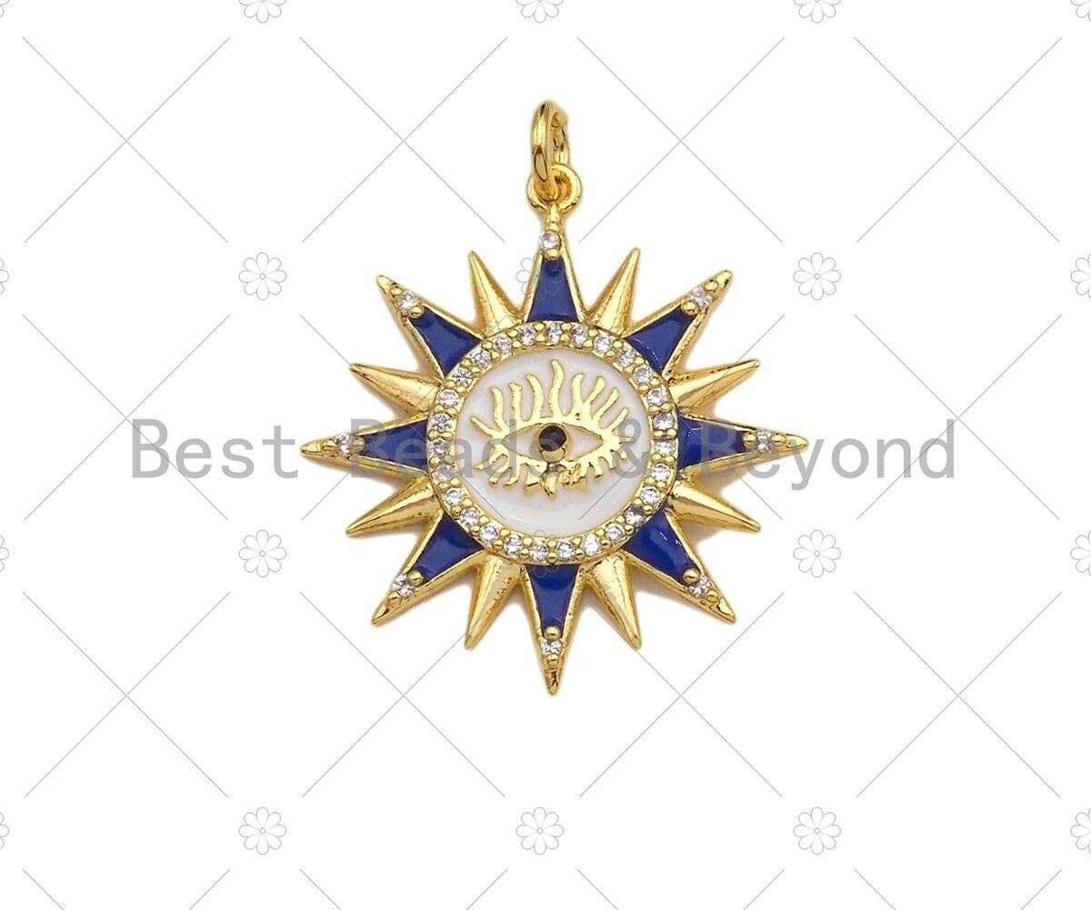 Colorful Enamel Pave Evil Eye On Sunflower Shape Pendant, Gold Enamel Flower Pendant, CZ Micro Pave Enamel Jewelry Findings,25x27mm,Sku#L443