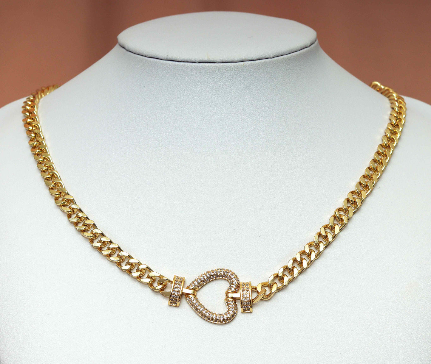 Gold Cuban Chain Heart Necklace, sku#CL18