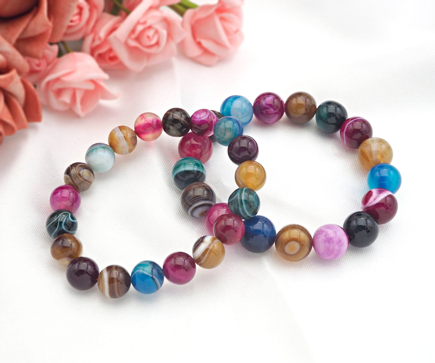 Colorful Banded Agate Stretch Bracelet,Sku#EF11